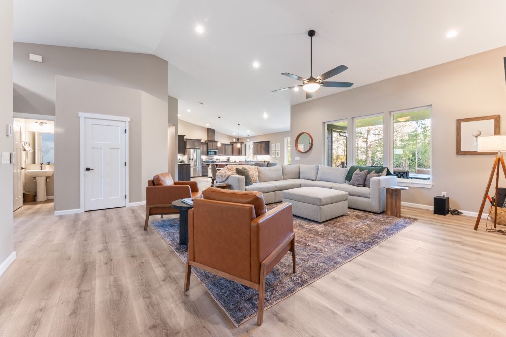 Open concept living room and kitchen at Bandon Dunes vacation rental