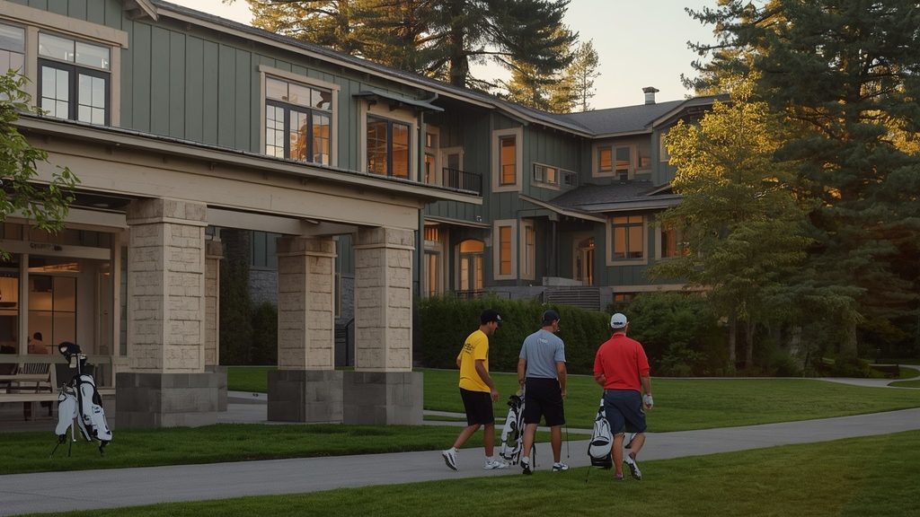 Bandon dunes lodging on-resort lodge exterior with golf bags, Oregon coast.