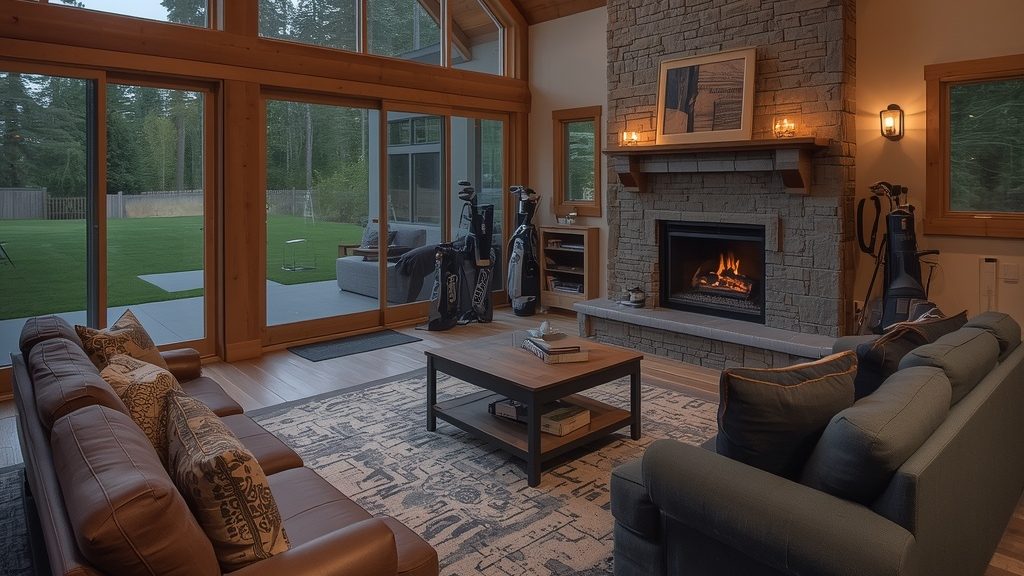 Off-resort Bandon Dunes lodging interior, open living space and fireplace, Oregon vacation rental for golf groups.
