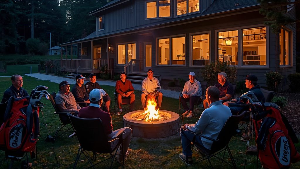 Golf group at fire pit outside off-resort Bandon Dunes vacation rental, Oregon coast, private lodging.