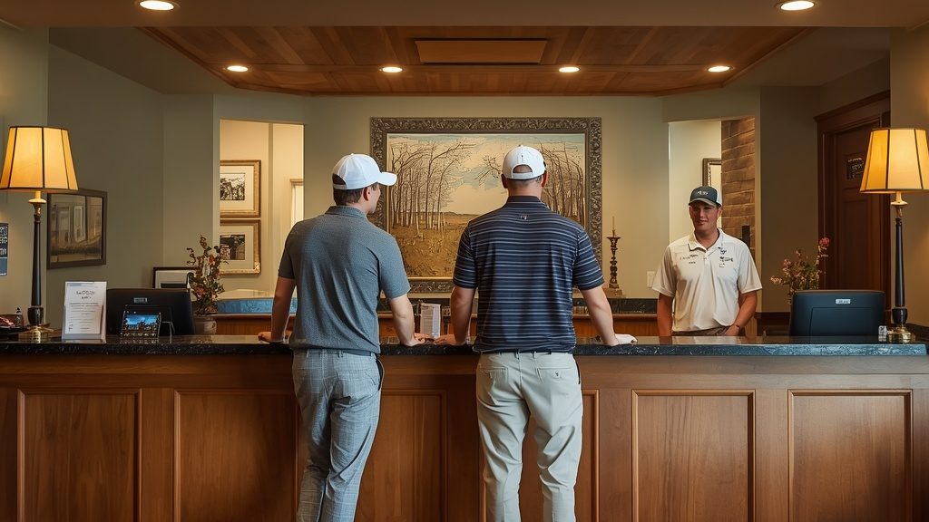 Golf group checking in at a Bandon Dunes area resort lodge, Oregon coast golf trip.