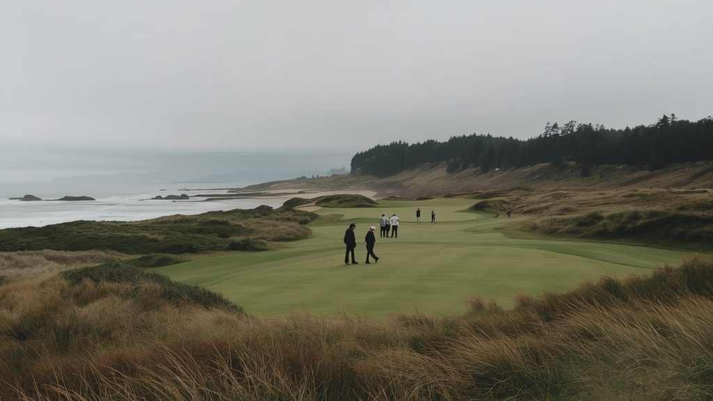 Day 2 Bandon Dunes golf trip itinerary Old Macdonald or Bandon Trails, golfers walking coastal dunes fairway Oregon.