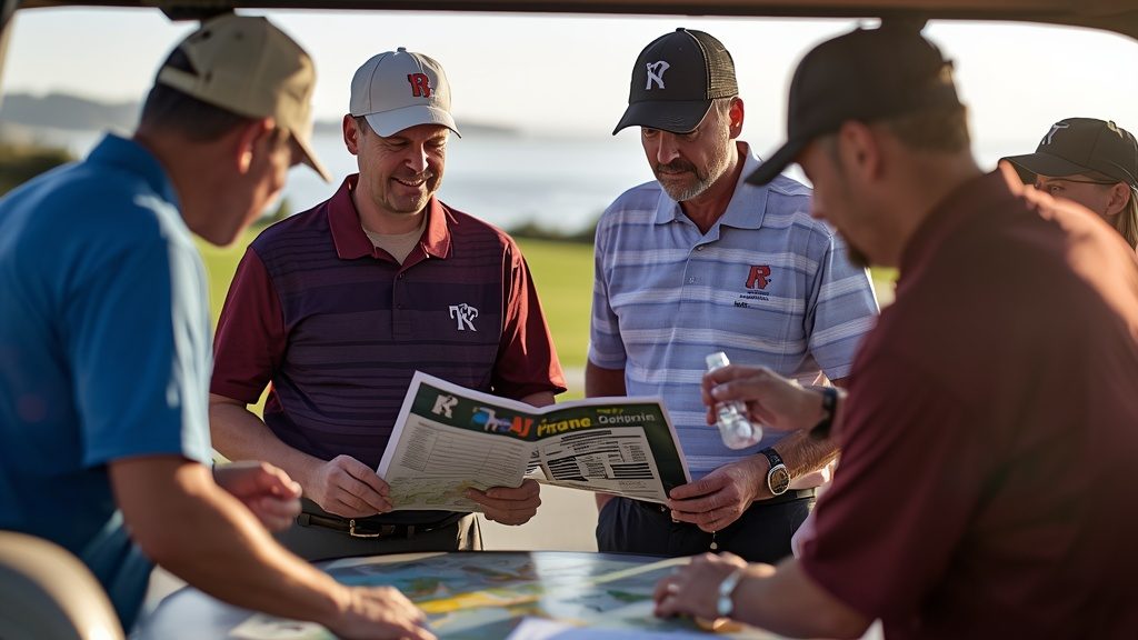 Golf group planning bandon dunes golf trip itinerary, reviewing course map Oregon coast morning.