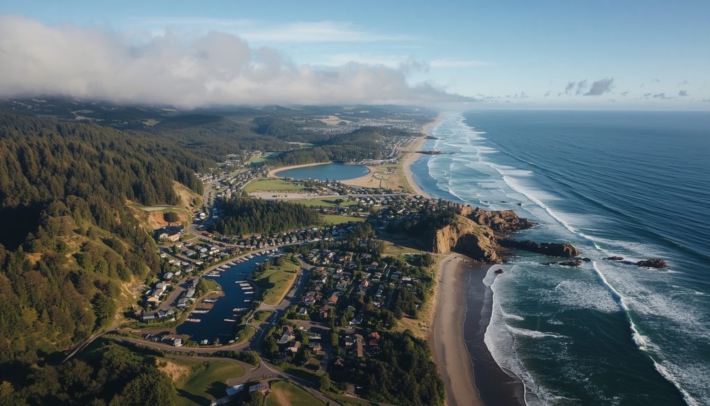 Accommodations bandon oregon aerial view coastal town and forested inland area near golf resort Oregon.