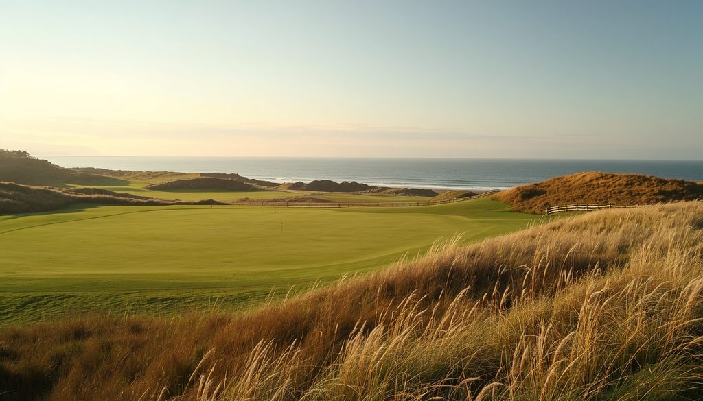 Bandon Dunes course ranked third guest guide, classic links hole ocean view Oregon coast morning.