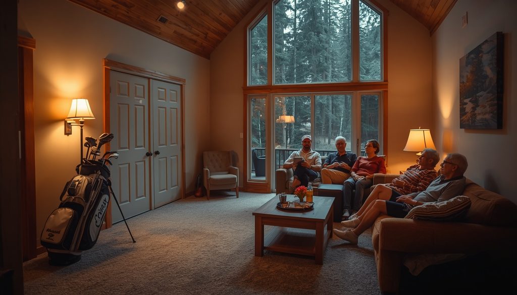 Bandon Dunes golf group relaxing at Trail House after ranked courses tour Oregon coast vacation rental.