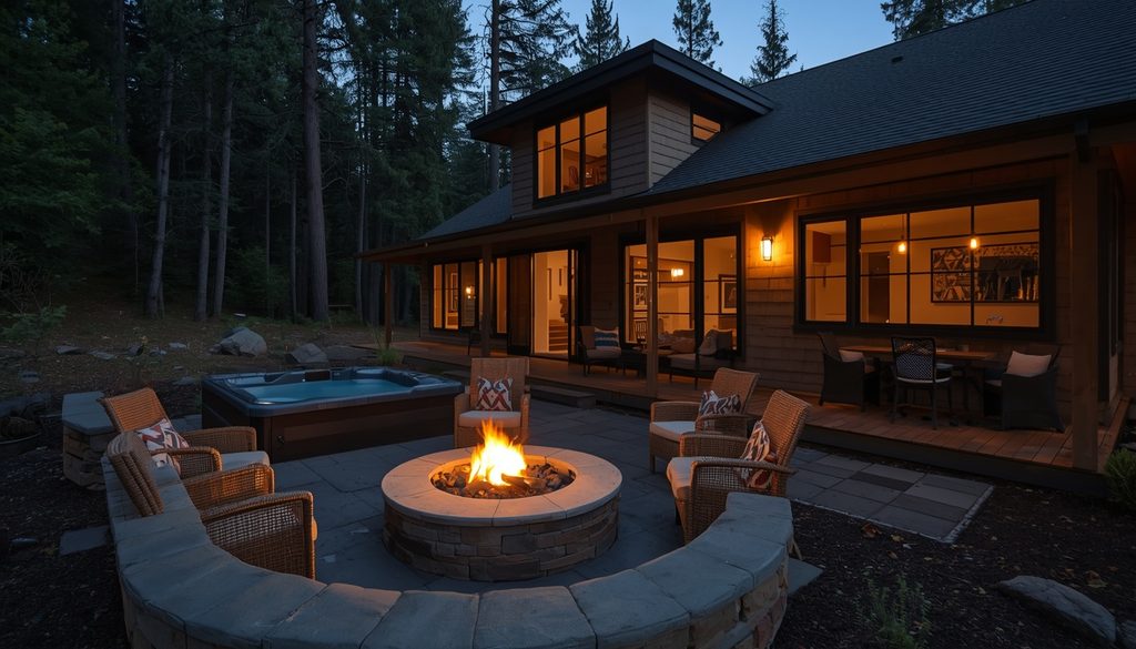 Outdoor amenities at bandon oregon accommodations for golf groups, fire pit and hot tub wooded rental property Oregon coast.
